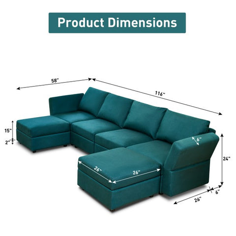 Ainfox U  Shape 4 Seats +2 Ottomans Modular Sectional Sofa Couch With Storage