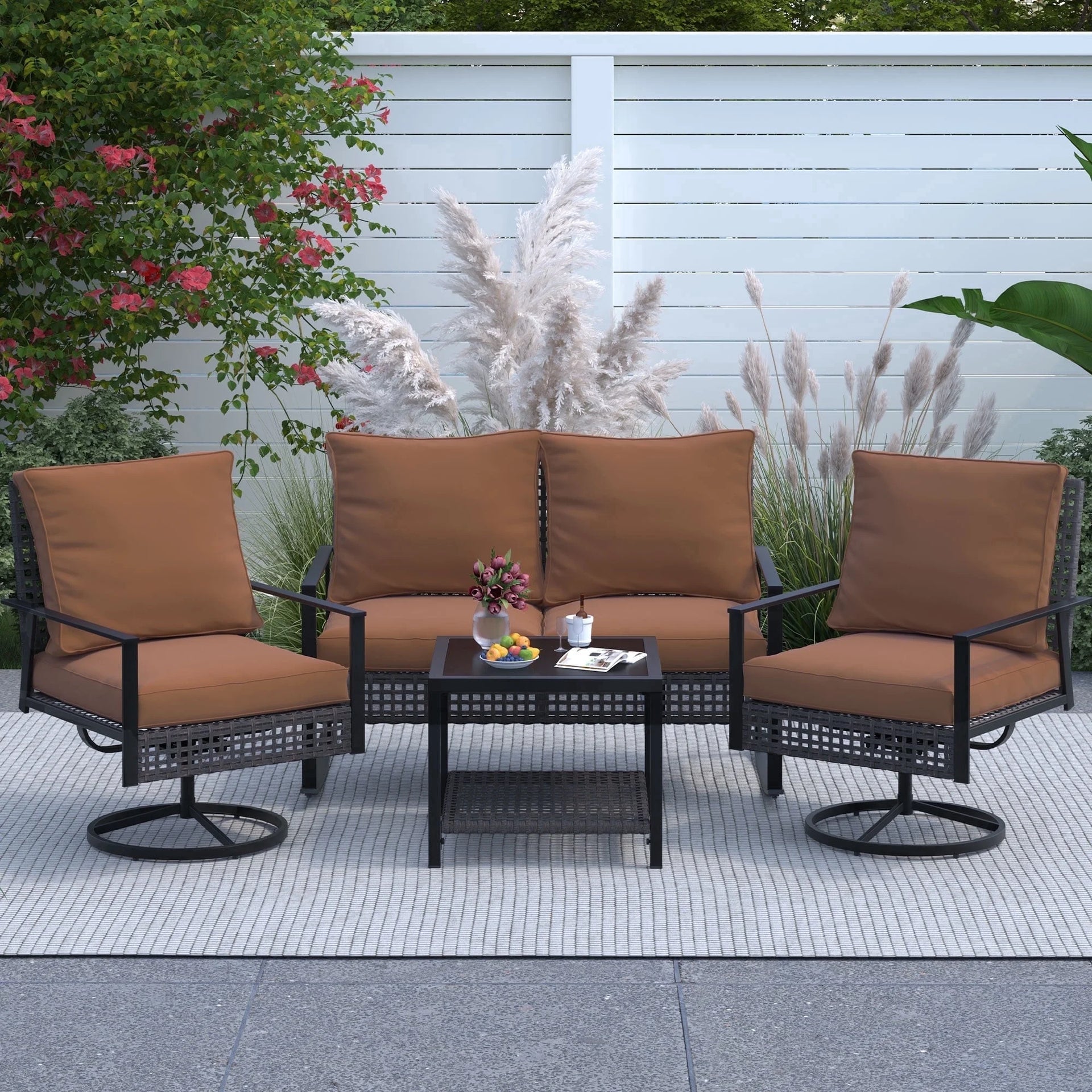 4 Piece Outdoor Patio Furniture Sofa Set Includes 2 Swivel Glider Chairs 1 Tempered Glass top Coffee Table 1 Rocking Loveseat
