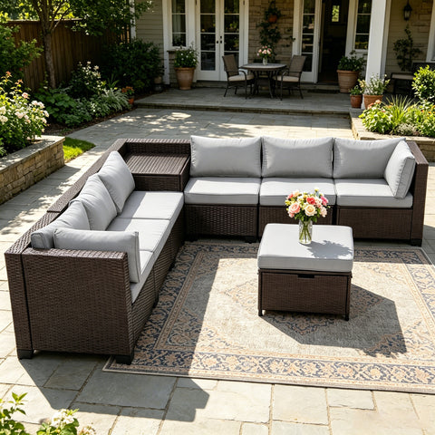 Ainfox 8 Piece Outdoor Patio Rattan Sectional Storage Furniture Set, All Weather PE Wicker Modular Conversation Sofa with Ottoman & Side Box for Backyard Pool Deck