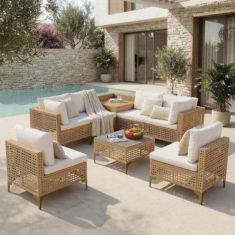 Ainfox 8-Piece Oversized Wicker Patio Furniture Set, UV-Resistant PE Rattan Outdoor Conversation Sofa with Storage Box & Tempered Glass Coffee Table, Yellow/Beige | Porch Backyard Poolside