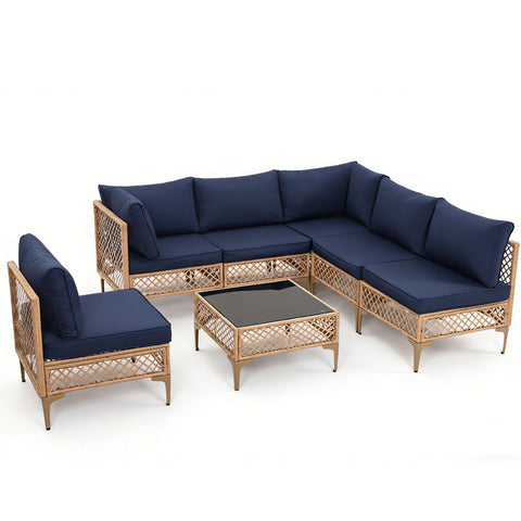 Ainfox 7 Pieces Outdoor Wicker Modular Patio Sectional Set with Thick Cushions & Tempered Glass Table