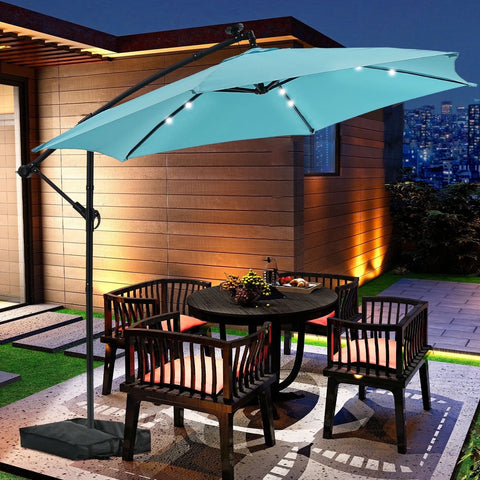 Ainfox 10ft Cantilever Patio Umbrella with Lights, Offset Market Umbrella with Sandbags Weighted Base and Cross Base