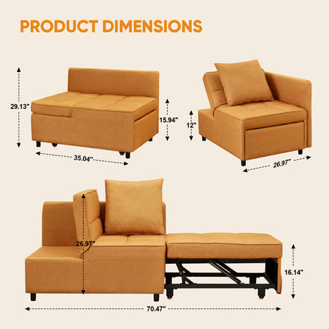 Anifox Recline Sofa Bed Sleeper Chair Yellow With Armrest for Living Room, Small Apartments and Office