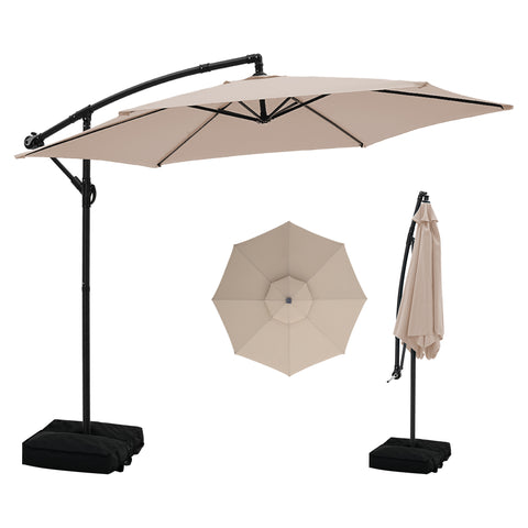 Ainfox 10ft Cantilever Patio Umbrella with Lights, Offset Market Umbrella with Sandbags Weighted Base and Cross Base