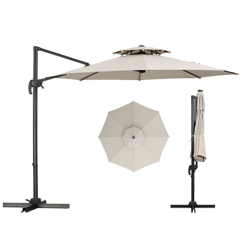 Ainfox 10ft Double Top Heavy-Duty Patio Cantilever Umbrella with Cross Base, Outdoor Large Offset Hanging Aluminum Rotation Sun Shade Umbrella with 360°Rotation Adjustable