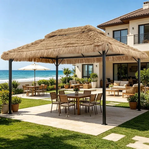 Ainfox 10x13 FT Imitation Straw Patio Gazebo-Heavy Duty Metal Frame Double Tier Ventilated Roof Outdoor Tiki Hut Shade Canopy for Backyard Pool Deck