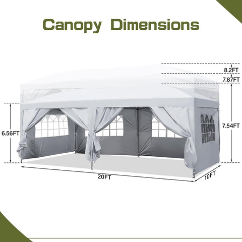 10x20 Heavy Duty Pop up Canopy Tent with 6 sidewalls Easy Up Commercial Outdoor Canopy Wedding Party Tents with Roller Bag