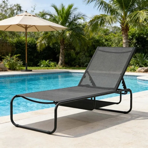 Ainfox Patio Chaise Lounge Chair, 5 Adjustable Positions Outdoor Recliner with Hidden Storage, Breathable Textilene Fabric Steel Frame