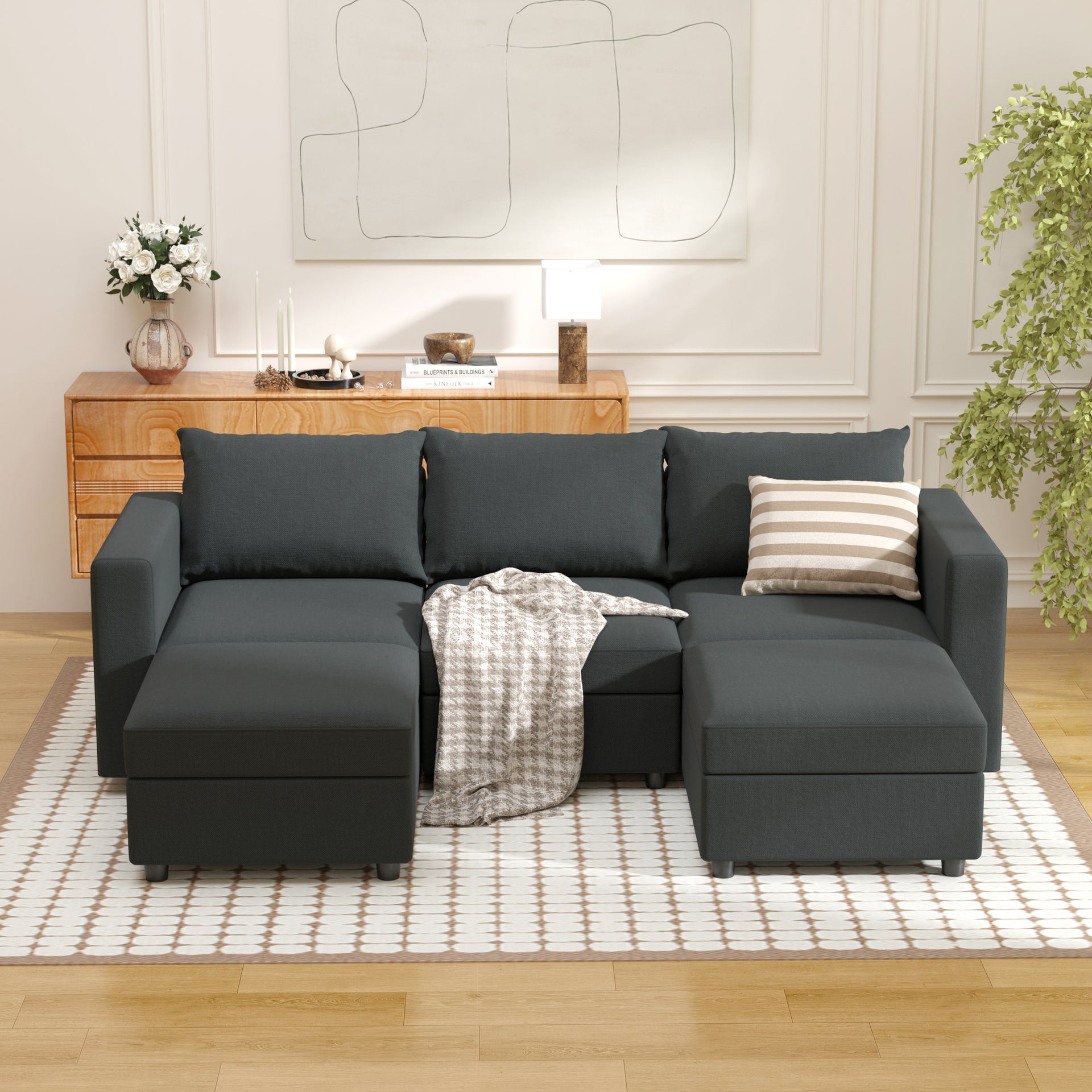 Modular Sectional Sofa Couch Storage Seat Sectional Couch Set 3 Seats +2 Ottomans
