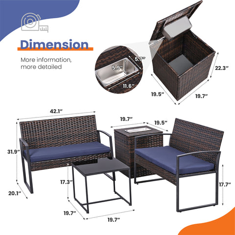 Ainfox 4 Piece Outdoor Patio Furniture Set with Ice Cooler Storage Box & Coffee Table for Outside, Garden, Balcony, Porch