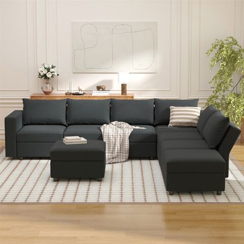 Ainfox Modular Sectional Sofa Couch with Storage Seat 6 Seats + 2 Ottomans