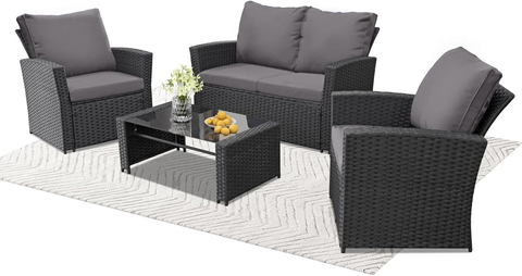 Ainfox 4 Piece Outdoor Patio Furniture Set, Wicker Rattan Sectional Sofa Conversation Set Modern Outdoor Couch for Garden, Balcony, Porch, Backyard