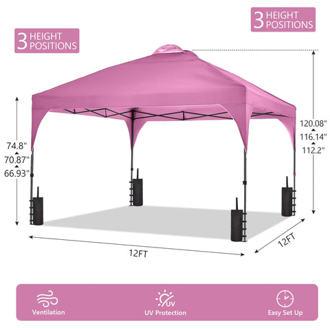 Ainfox 12x12 Pop up Canopy Tent Instant Shelter with Cover, Portable Outdoor Gazebo with Wheeled Bag and Sandbags, Pink