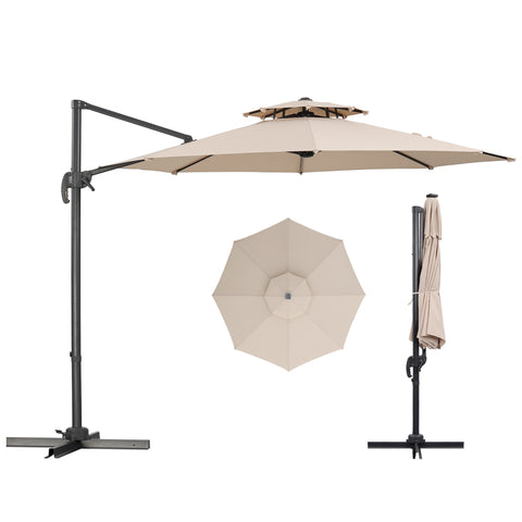 Ainfox 10ft Double Top Heavy-Duty Patio Cantilever Umbrella with Cross Base, Outdoor Large Offset Hanging Aluminum Rotation Sun Shade Umbrella with 360°Rotation Adjustable