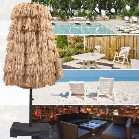 Ainfox 15ft Large Thatched Tiki Patio Umbrella with Lights and Weighted Sandbags, Outdoor Heavy-Duty Double-Sided Rectangle Market Umbrella for Garden, Deck, Backyard, Pool, Beach