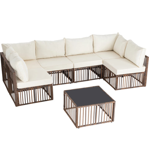 Ainfox 7 Pieces Outdoor Wicker Patio Furniture Set, Adjustable Backrest Sectional Conversation Couch with Thick Cushions & Coffee Table for Garden Porch Poolside