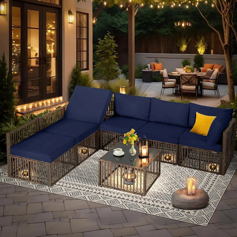 Ainfox 7 Pieces Outdoor Wicker Patio Furniture Set, Adjustable Backrest Sectional Conversation Couch with Thick Cushions & Coffee Table for Garden Porch Poolside