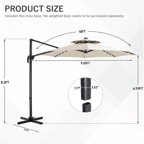 Ainfox 10ft Double Top Heavy-Duty Patio Cantilever Umbrella with lights and Cross Base, Outdoor Large Offset Hanging Aluminum Rotation Sun Shade Solar Umbrella with 360°Rotation Adjustable, Beige