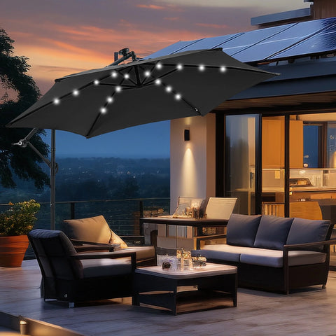 Ainfox 10ft Cantilever Patio Umbrella with Lights, Offset Market Umbrella with Sandbags Weighted Base and Cross Base
