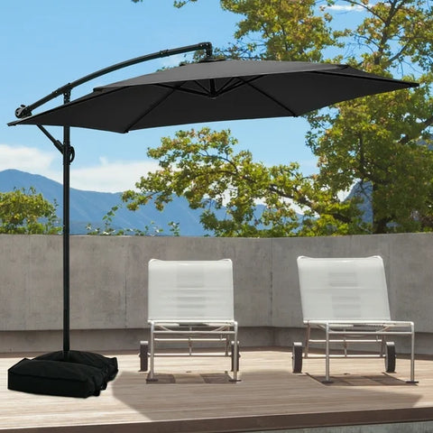 Ainfox 10ft Cantilever Patio Umbrella with Lights, Offset Market Umbrella with Sandbags Weighted Base and Cross Base