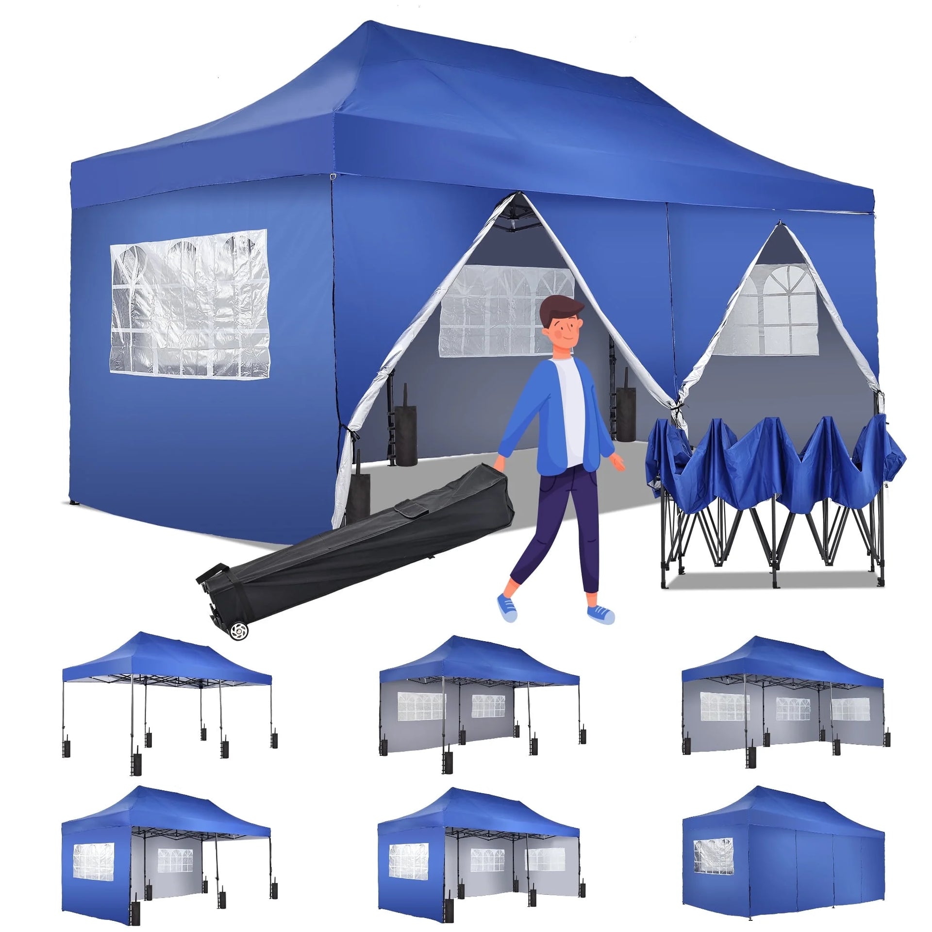 10x20 Heavy Duty Pop up Canopy Tent Sidewalls Weighted Sandbags Outdoor Shade Instant Folding Event Gazebo Wheeled Bag