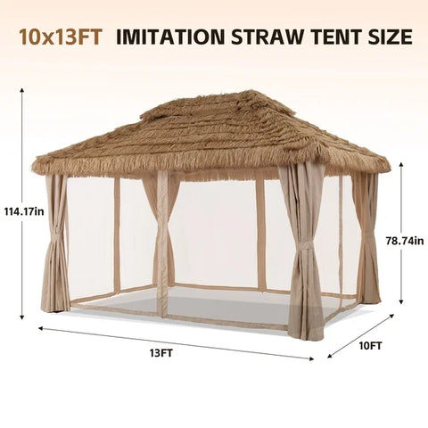 Ainfox 10x13 FT Imitation Straw Patio Gazebo-Heavy Duty Metal Frame Double Tier Ventilated Roof Outdoor Tiki Hut Shade Canopy for Backyard Pool Deck