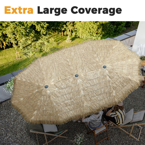 Ainfox 15ft Large Thatched Tiki Patio Umbrella with Stand and Sandbags, Outdoor Heavy-Duty Double-Sided Rectangle Market Umbrella for Garden, Deck, Backyard, Pool, Beach