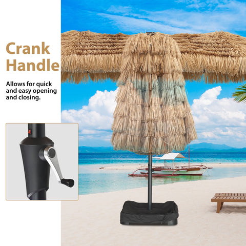 Ainfox 15ft Large Thatched Tiki Patio Umbrella with Lights and Weighted Sandbags, Outdoor Heavy-Duty Double-Sided Rectangle Market Umbrella for Garden, Deck, Backyard, Pool, Beach