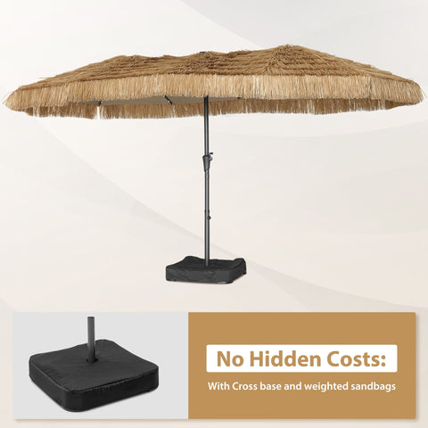 Ainfox 15ft Large Thatched Tiki Patio Umbrella with Lights and Weighted Sandbags, Outdoor Heavy-Duty Double-Sided Rectangle Market Umbrella for Garden, Deck, Backyard, Pool, Beach