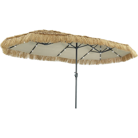 Ainfox 13ft Large Thatched Tiki Patio Umbrella with Solar LED Lights, Outdoor Heavy-Duty Double-Sided Rectangle Market Umbrella for Garden, Deck, Backyard, Pool, Beach