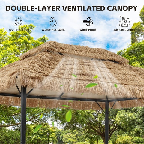 Ainfox 10x13 FT Imitation Straw Patio Gazebo-Heavy Duty Metal Frame Double Tier Ventilated Roof Outdoor Tiki Hut Shade Canopy for Backyard Pool Deck