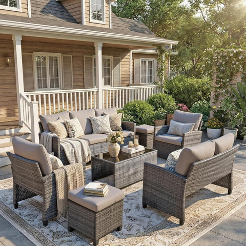 Ainfox 7-Piece Outdoor Wicker Patio Furniture Set,Sectional Conversation Set with 3-Seat Sofa, Loveseat, Coffee Table, Chairs & Ottomans, Gray, Space-Saving Design for Backyard, Porch, Poolside