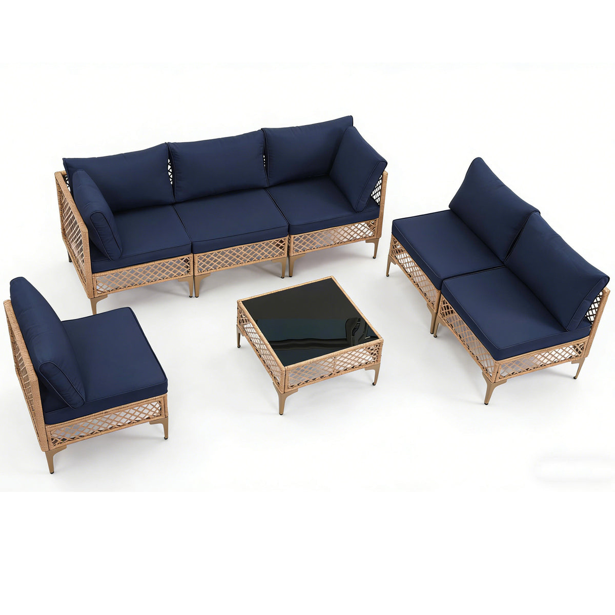7 Pieces Outdoor Wicker Modular Patio Sectional Set Thick Cushions & Tempered Glass Table