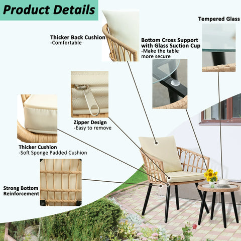Ainfox 3-Piece Outdoor Wicker Bistro Set, All-Weather Rattan Chairs with Washable Cushions and Tempered Glass Table, Beige & Yellow