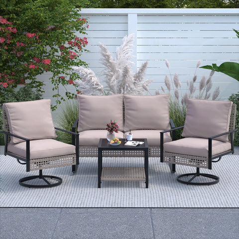 Ainfox 4-Piece Outdoor Patio Furniture Sofa Set, Includes 2 Swivel Glider Chairs,1 Tempered Glass-top Coffee Table and 1 Rocking Loveseat