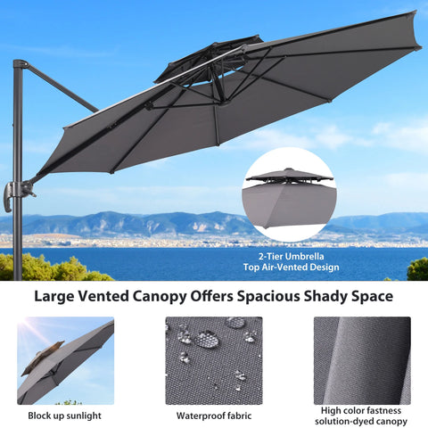 Ainfox 10ft Double Top Heavy-Duty Patio Cantilever Umbrella with Cross Base, Outdoor Large Offset Hanging Aluminum Rotation Sun Shade Umbrella with 360°Rotation Adjustable