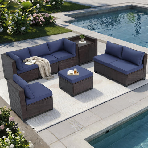 Ainfox 8 Piece Outdoor Patio Rattan Sectional Storage Furniture Set, All Weather PE Wicker Modular Conversation Sofa with Ottoman & Side Box for Backyard Pool Deck