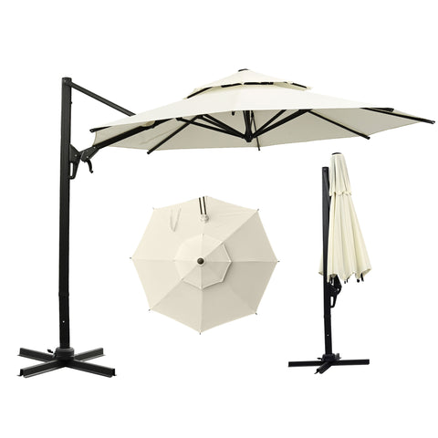 Ainfox 10ft Double Top Heavy-Duty Patio Cantilever Umbrella with Cross Base, Outdoor Large Offset Hanging Aluminum Rotation Sun Shade Umbrella with 360°Rotation Adjustable