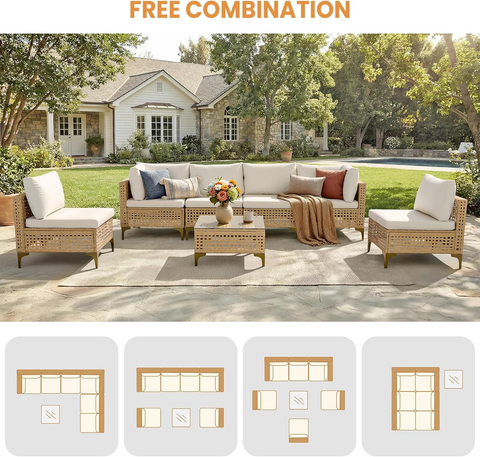 Ainfox Patio Furniture Set Wicker Patio Sectional Sofa Couch Rattan Outdoor Conversation Set For Porch Garden Backyard