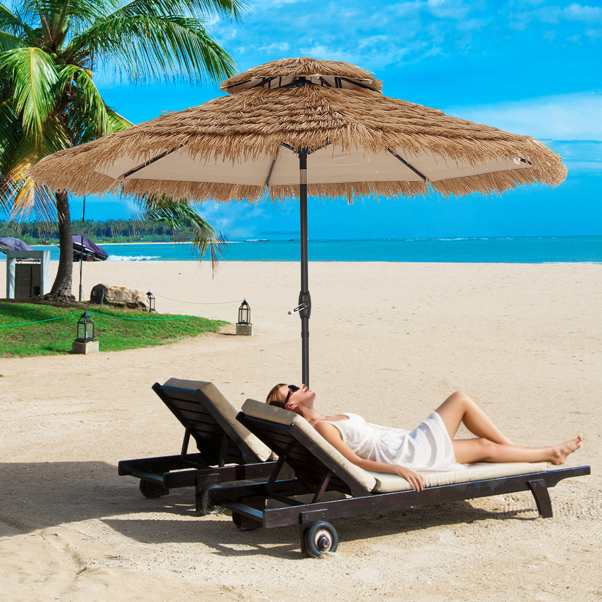 Ainfox Thatched Tiki Patio Umbrella, Outdoor Market Umbrella for Garden, Deck, Backyard, Pool, Beach