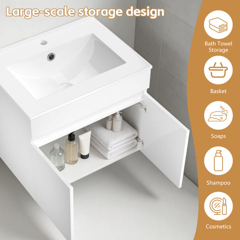 Ainfox Wall Mounted Bathroom Vanity with Ceramic Top and Sink, Storage Cabinet
