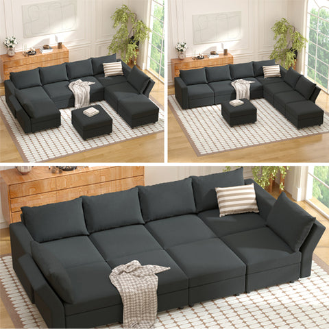 Ainfox Modular Sectional Sofa Couch with Storage Seat 6 Seats + 2 Ottomans