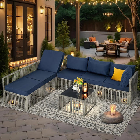 Ainfox 7 Pieces Outdoor Wicker Patio Furniture Set, Adjustable Backrest Sectional Conversation Couch with Thick Cushions & Coffee Table for Garden Porch Poolside