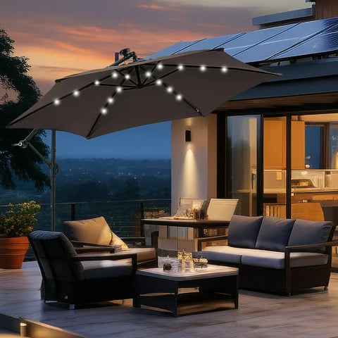 Ainfox 10ft Cantilever Patio Umbrella with Lights, Offset Market Umbrella with Sandbags Weighted Base and Cross Base