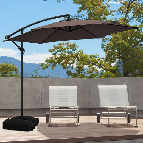 Ainfox 10ft Cantilever Patio Umbrella with Lights, Offset Market Umbrella with Sandbags Weighted Base and Cross Base