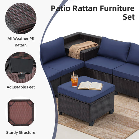 Ainfox 8 Piece Outdoor Patio Rattan Sectional Storage Furniture Set, All Weather PE Wicker Modular Conversation Sofa with Ottoman & Side Box for Backyard Pool Deck
