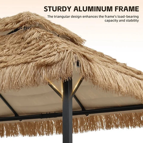 Ainfox 10x13 FT Imitation Straw Patio Gazebo-Heavy Duty Metal Frame Double Tier Ventilated Roof Outdoor Tiki Hut Shade Canopy for Backyard Pool Deck