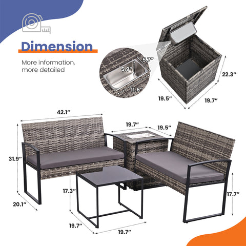 Ainfox 4 Piece Outdoor Patio Furniture Set with Ice Cooler Storage Box & Coffee Table for Outside, Garden, Balcony, Porch
