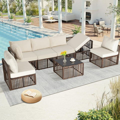 Ainfox 7 Pieces Outdoor Wicker Patio Furniture Set, Adjustable Backrest Sectional Conversation Couch with Thick Cushions & Coffee Table for Garden Porch Poolside