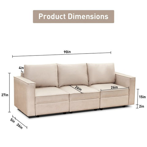 Ainfox Storage Modular Sectional Couches Three Seats Adjust Sofa Beige